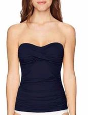 ANNE COLE Womens Navy Solid Twist Front Shirred Bandeau/Halter Tankini Swim Top 