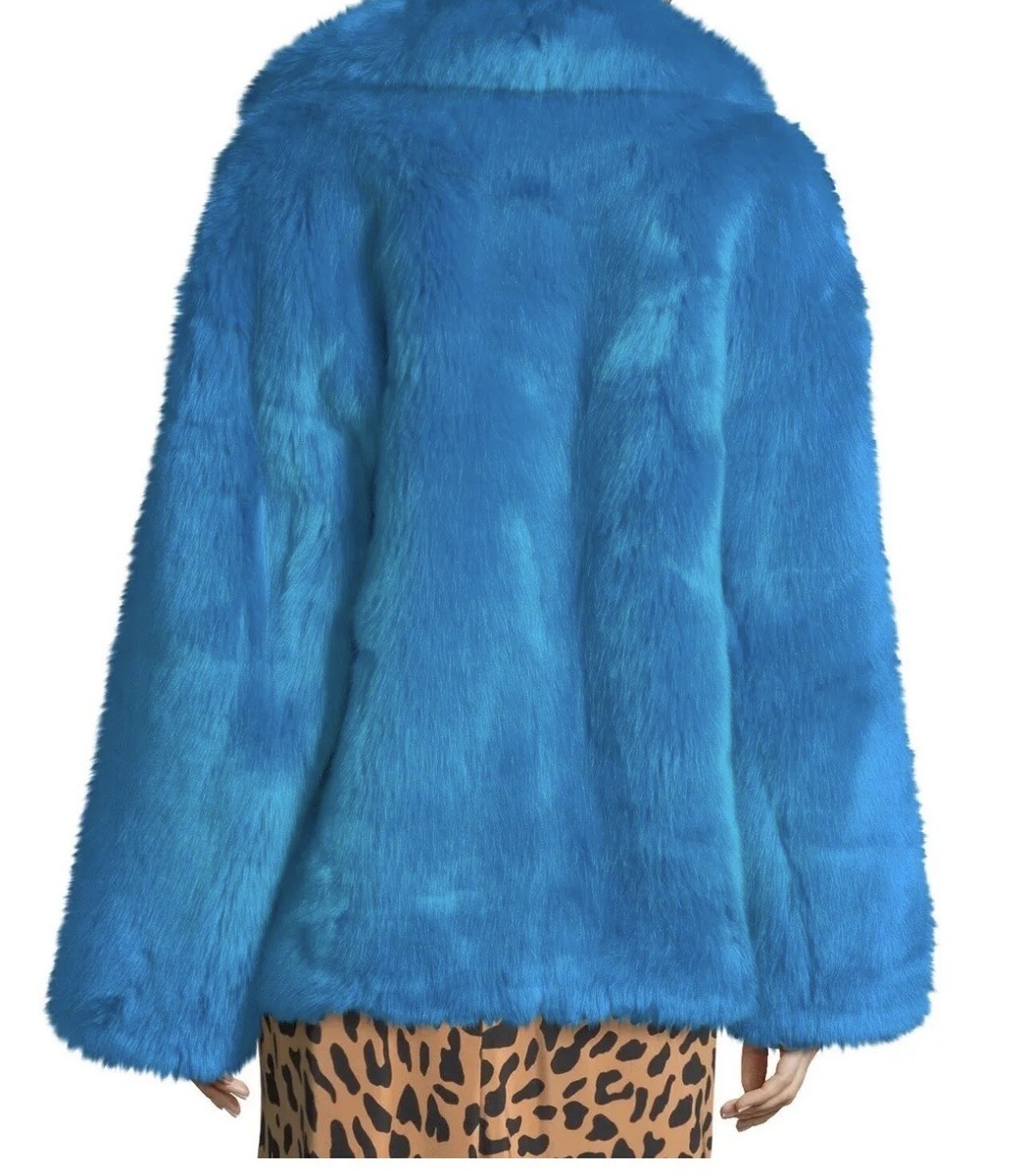 S M DVF Diane von Furstenberg OVERSIZED Blue Faux Fur Jacket
