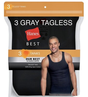 Hanes Best Men Tagless 100% Cotton Tank Top 3Pack Comfort Flex Size L Color Gray