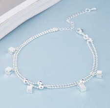 Women‘s Silver SP Cubes Ball Charm Beaded Double Chain Foot Anklet