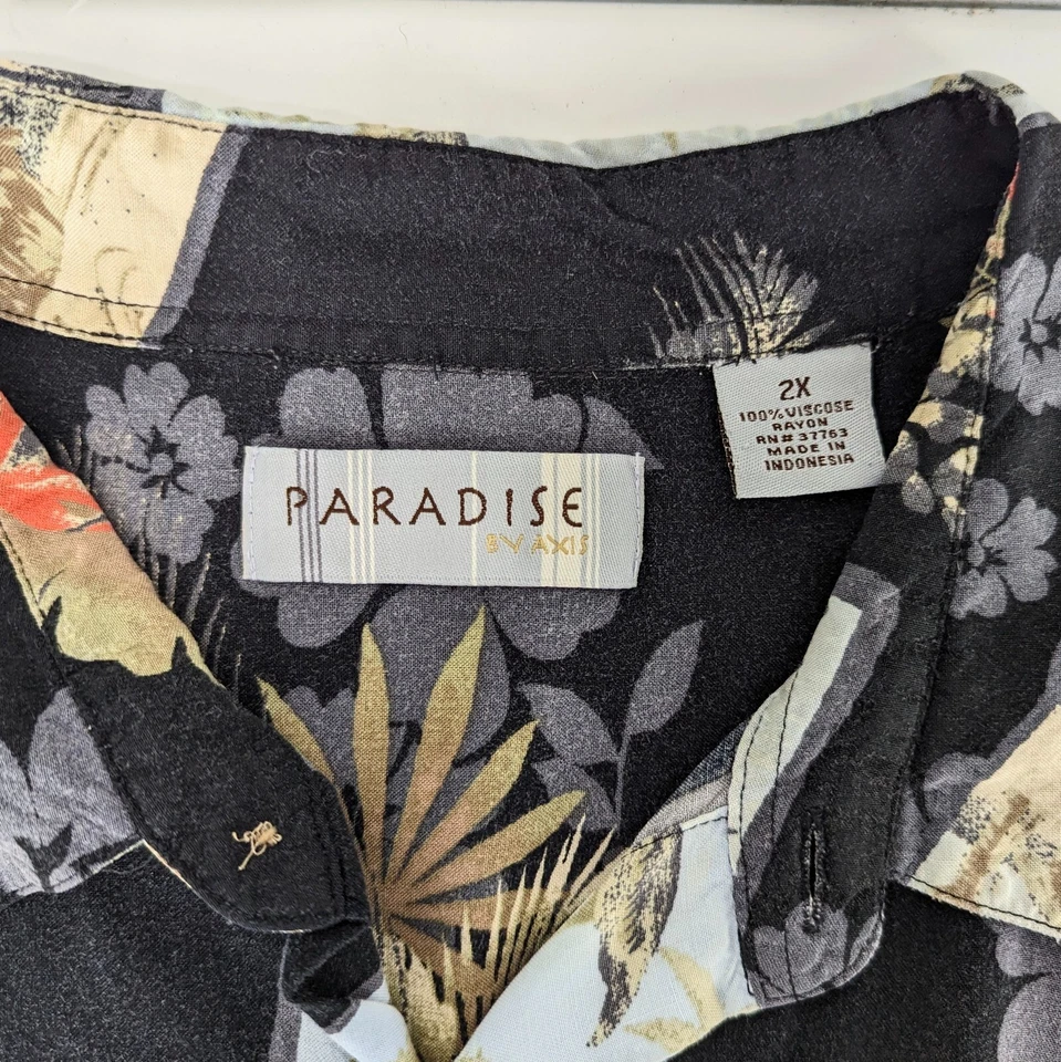 Vintage Paradise by Axis Hawaiian Camp Shirt Mens 2X XXL Floral Aloha Black - Image 4 of 4
