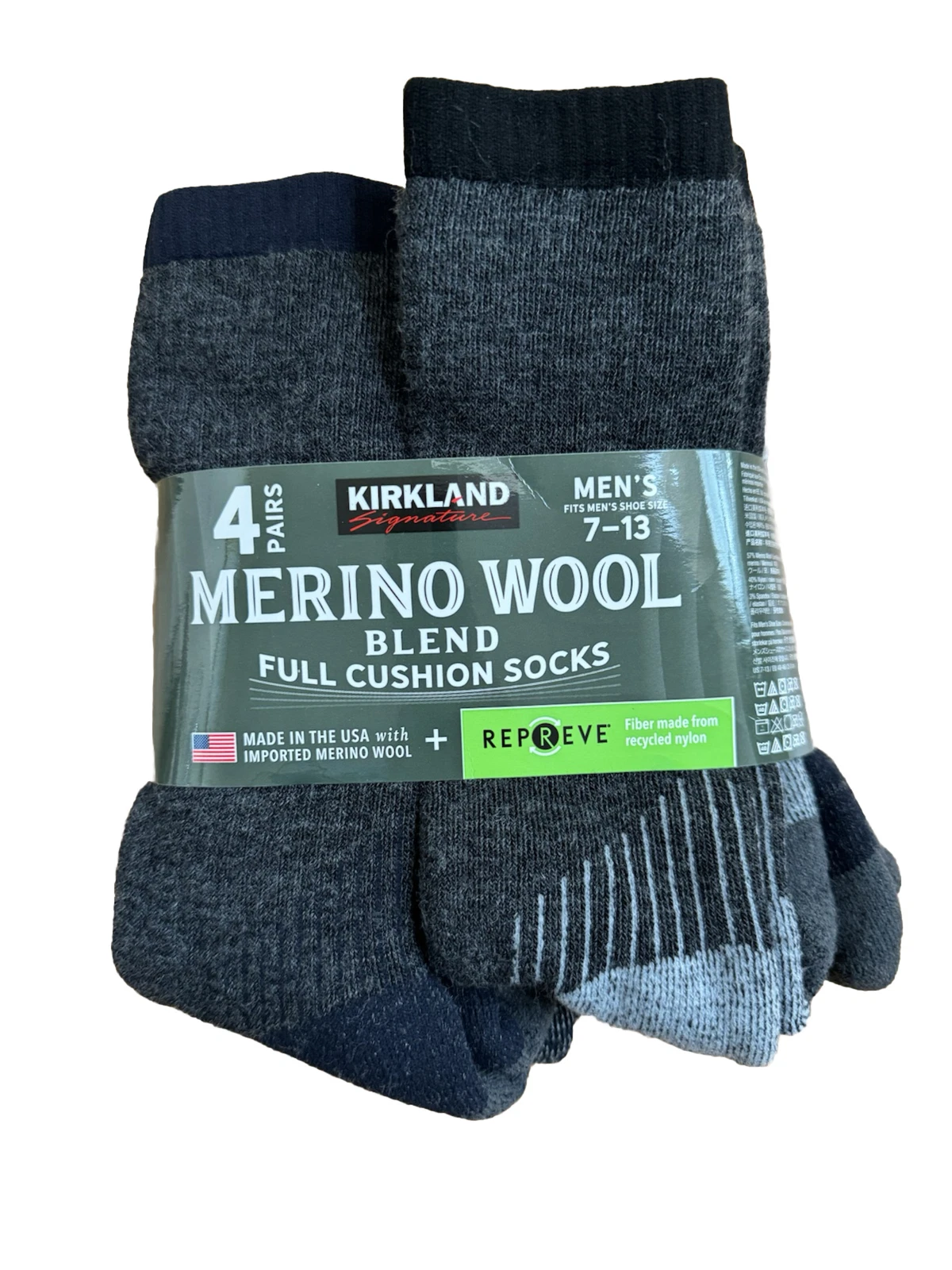 Men’s 4 Pairs of Kirkland Signature Merino Wool Outdoor Hiking Trail Socks 7-13