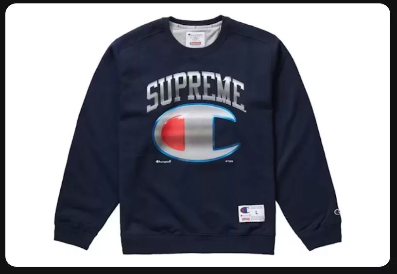 Pull col rond bleu marine chromé Supreme Champion 19SS taille S *Lire description*
