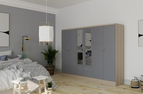 Nevada 6 Door 2 Drawer Mirrored Wardrobe in Grey Gloss and Oak Effect Finish - Picture 2 of 10