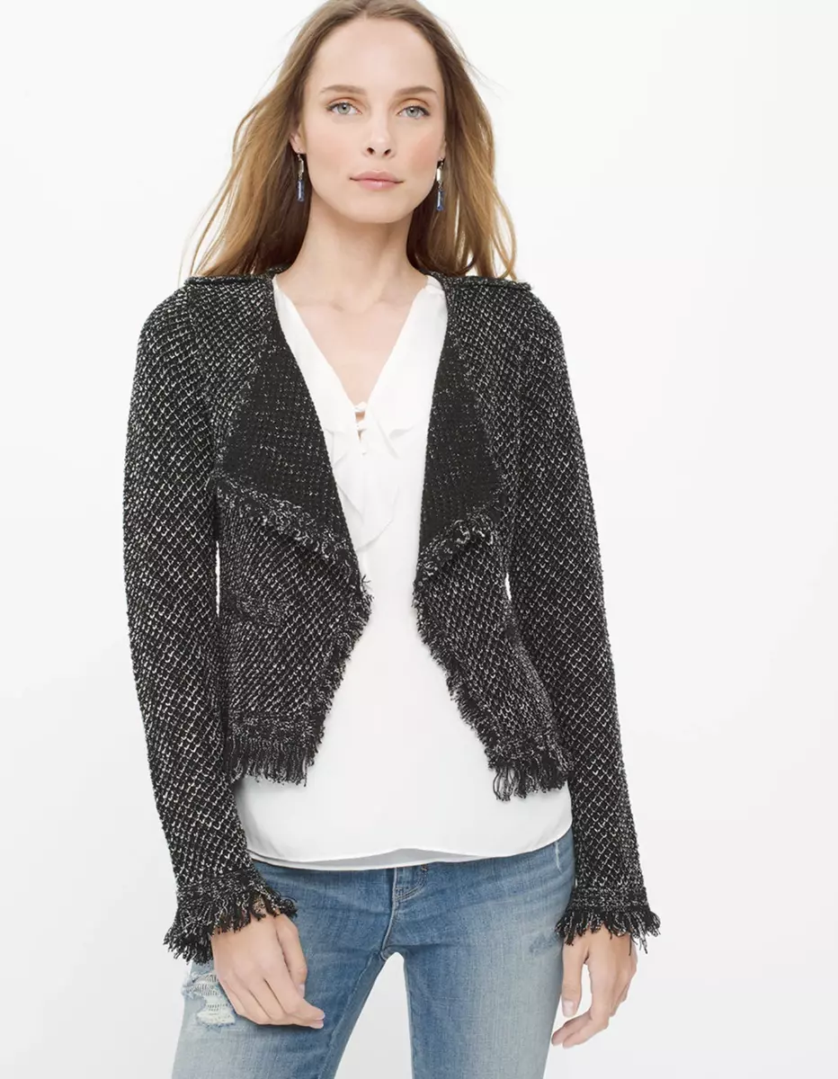 White House Black Market Black Tweed Raw Edge Fringe Cardigan