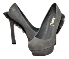 YSL Yves Saint Laurent Palais Mohawk Goat Fur Suede Platform Pump Gray 38/8