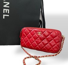 Auth Chanel Wallet On Chain Quilted CC Logo Lambskin Shoulder Bag WOC RED