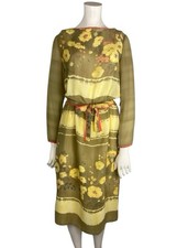 Vintage Sheer Floral Long Sleeve Dress Olive Yellow Midi Tie Waist Size MEDIUM