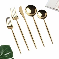 18/10 Gold Silverware Set, 5pc Mirror Polished Modern Silverware Set, 18/10 G...