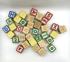 Lot of 35 Vintage Wooden Alphabet Building Blocks Letters and Numbers Children
