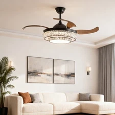Black LED 48 inch Ceiling Fan Crystal Light Retractable with Remote Control Kit