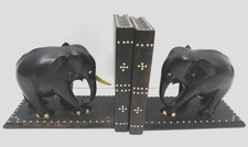 VINTAGE PAIR CARVED EBONY TIMBER ELEPHANT BOOKENDS