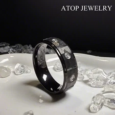 8mm Black Brushed Rock Skin Tungsten Ring 3 Diamonds Inlay ATOP Men Bridal Band
