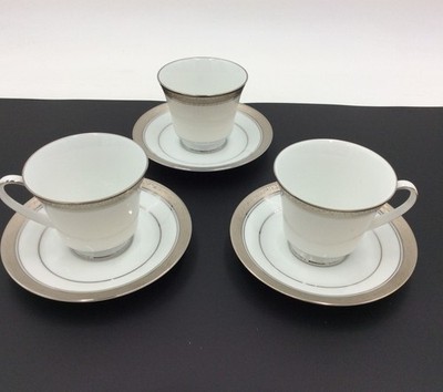 Noritake Crestwood Platinum Footed Cups Saucers 6pc Set Porcelain Philippines