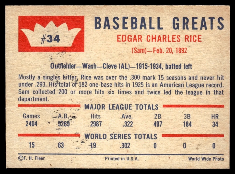 Fleer Sam Rice 1960 automático #34 Foto 2 de 2