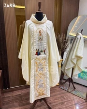 Ivory Catholic Priest Chasuble, Our Lady of Fatima Vestment Mass Liturgical