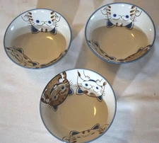 3 KAFUH MINO WARE JAPANESE BLUE HAPPY SMILING CATS MANEKO NEKO RICE BOWLS 5 3/4"
