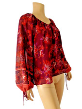 CHELSEA TEODORE Top Blouse Shirt peasant Boho Small burgundy red flowers NWT