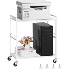 2 Tier Mobile Printer Stand with Storage Under Desk for Home & Office, White