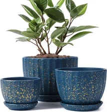 Ceramic Plant Pots with Drainage Holes and Saucers, Round Blue Flower Pots for I