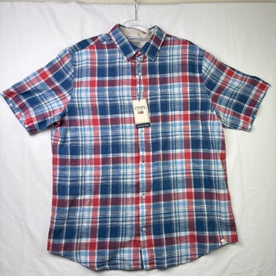 NWT Chaps Mens XL Shirt Short Sleeve Linen Blend Plaid Red Blue Go Untucked
