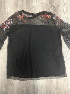 Torrid Women's Plus 1 Black Mesh Floral Embroidered Sheer Blouse