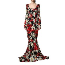 DOLCE & GABBANA Dress Black Floral Silk Long Sleeves Gown IT36/US2/XXS 5930usd