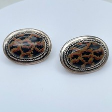 Vintage Silver Tone Faux Tortoiseshell Resin Oval Button Stud Earrings Rope Edge