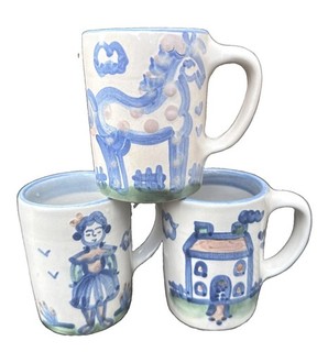 Vintage Lot M A Hadley Pottery SET 3 Mugs Cups Girl House Horse Mint