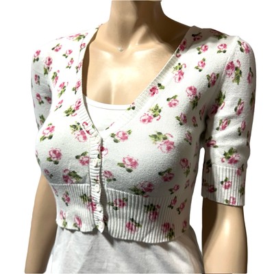 SO Floral Cardigan M Medium Pink Roses Y2K Bloomcore Cottage Crop Half Sleeve