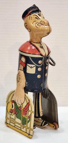 Vintage 1930's Working Marx Tin Litho Wind-Up Tin Walking Popeye w/Parrots