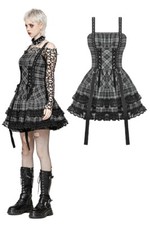Dark In Love Women Goth Black Grey Plaid Gothic Metal Studded Strap Short Dress