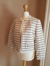 Topshop Boucle Tweed Cropped Blazer Jacket Nautical Stripe Navy Blue Ivory UK 12