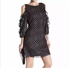 Eliza J NWT Cold Shoulder Black&Gold Polka Dot Shift Dress Size 6 Ruffle Sleeve