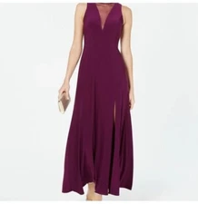 NW Night Way Formal Womens Dress Purple Long Size 8 Deep V Mesh Neck