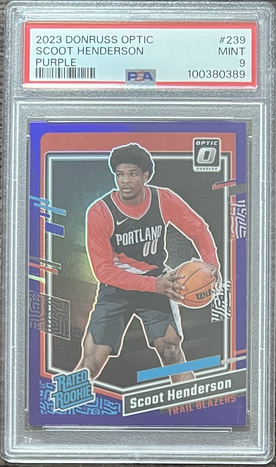 SCOOT HENDERSON 2023-24 OPTIC RATED ROOKIE 239 PURPLE PRIZM PSA 9 MINT!