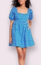 RHODE Blue Embroidered Puff Sleeve Dress L Square Neck Boho Cottagecore