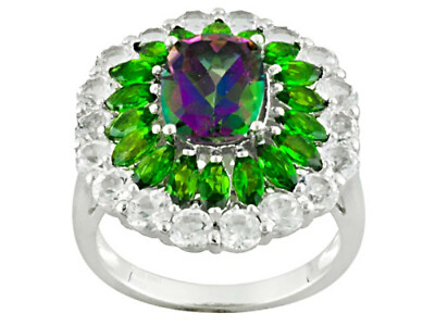 Ring 6,55 ctw grüner Mystic Topas , Chromdiopsid & weißer Topas Rhodium o/Silber