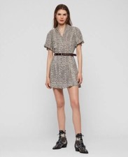 AllSaints Fay Lep Leopard Animal Print Button Mini Flutter Sleeve Dress Size XS
