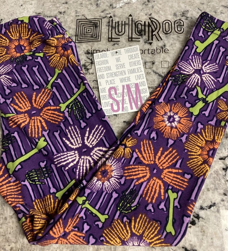 NEW LuLaRoe KIDS HALLOWEEN S/M Leggings Bone Flowers Purple/Orange/Green