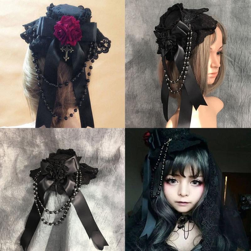 Girl Gothic Headwear Vintage Lace Top Hat Lolita Bowknot Ribbon