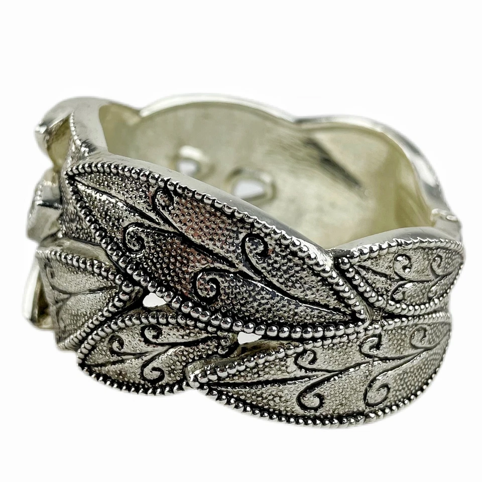 Brazalete Brazalete con Bisagras Hoja Marcasita Grueso Ancho Tono Estaño Metal Declaración Foto 3 de 4