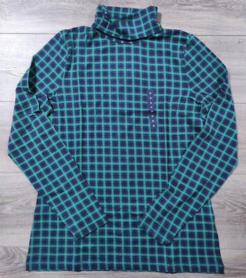 Lands End Shirt Adult Medium 10-12 Green Blue Plaid Lightweight Turtleneck  Women