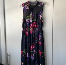 Modcloth Sleeveless High Neck Dress MED Shirred Waist Pink Purple Floral Chiffon