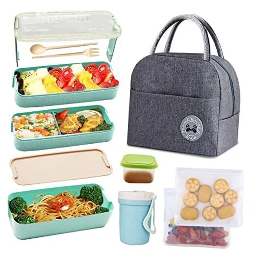 Bento Box Kit,Japanese Lunch Box 3-In-1 Compartment,Leakproof 3 Layer Lunch