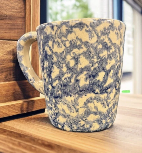 Set of 2 Vintage RRP Co Roseville Ohio USA Blue Spongeware Pottery Coffee Mug