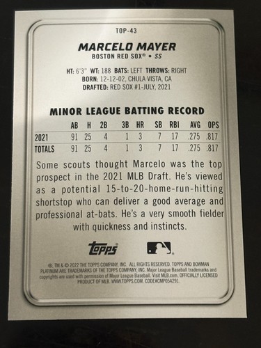 Marcelo Mayer 2022 Bowman Platinum #TOP-43 Top Prospects Boston Red Sox - Picture 2 of 2