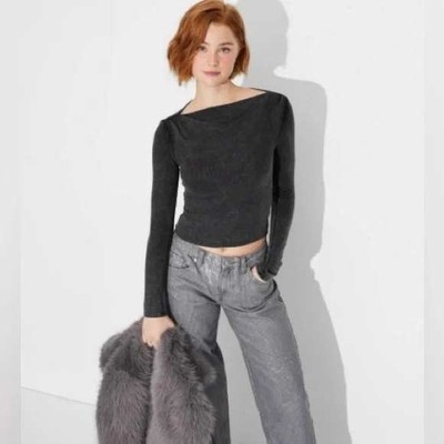 Wild Fable Women's Charcoal Gray Ribbed Long Sleeve Boat Neck Top XS