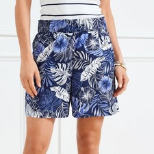 Talbots Nantucket Hibiscus Palms Blue Washed Linen Paperbag Shorts Size XL EUC