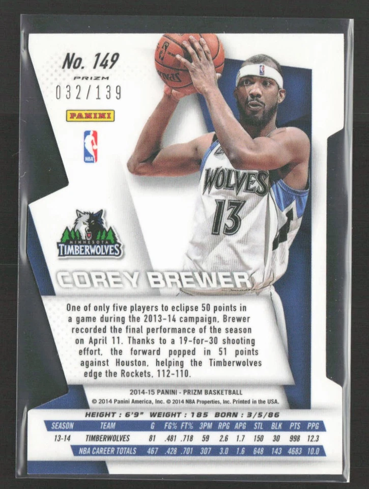 Corey Brewer 2014-15 Panini Prizm #149 Prizms Orange Die Cut /139 - Image 2 of 2